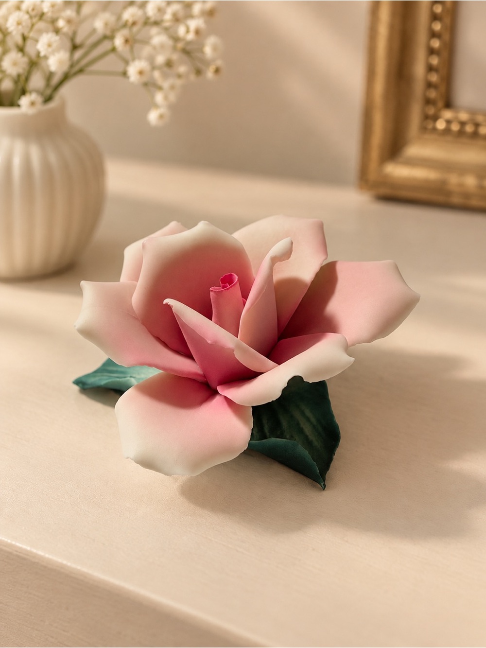 Vintage Capodimonte Pink Porcelain Rose Flower Made in Italy